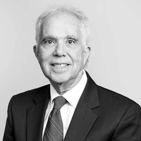 Professional monochromatic portrait of a distinguished senior attorney, clad in a formal suit and tie, from our esteemed law firm based in Hamilton, Ontario.