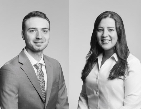 Two esteemed legal experts from our Hamilton, Ontario law firm captured in a sophisticated black and white photograph.